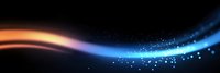 Glowing abstract wave with orange and blue light trails against dark background, sparkling particles creating dynamic motion effect for modern design projects.