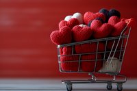 Shopping cart filled with red knitted hearts on red background for Valentine's Day love romance retail concept.