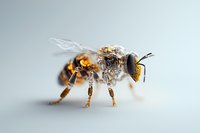 Detailed macro photography of honey bee covered in pollen on light background, showing intricate wing structure and body segments. Isolated specimen for nature study.