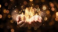 Cupped hands holding glowing family silhouettes with magical golden bokeh lights and sparkles for protection and care concepts.
