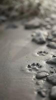 Animal paw prints in wet sand on beach with scattered stones creating natural wildlife tracking scene for outdoor adventure concepts.