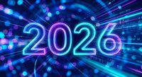Futuristic neon 2026 numbers glowing in electric blue and pink colors with digital light rays and bokeh effects on dark tech background for new year celebration.