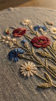 Hand embroidered floral design on linen fabric featuring colorful wildflowers with detailed stitching for textile arts and crafting projects.