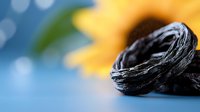Black dried prunes on blue background with yellow sunflower petals, macro food photography showing natural texture and wrinkles of dehydrated plums.
