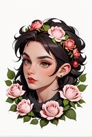 Young woman with dark hair wearing pink rose crown and surrounded by blooming roses, green leaves on white background. Artistic fantasy portrait.