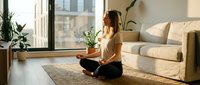 Young woman practicing mindfulness meditation in modern living room with plants and natural light streaming through large windows.