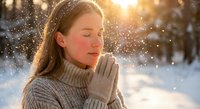 Young Caucasian woman in knit sweater praying outdoors in snowy winter forest, golden sunlight and snowflakes around her, peaceful mindfulness moment.
