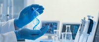 Scientist in blue gloves holding DNA double helix model in modern laboratory for genetic research and biotechnology studies.
