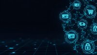 Digital payment security network with glowing blue icons connected by lines on dark background. Fintech blockchain technology concept for online banking applications.