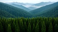 Misty mountain landscape with dense evergreen forest in foreground and layered blue mountain ridges stretching into distant horizon on foggy morning.