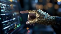 Robotic golden hand pointing at programming code on digital display with bokeh lights background, representing artificial intelligence and machine learning technology.