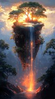 Magical floating island with cascading waterfall and glowing particles at sunset, featuring ancient ruins among lush trees, creating ethereal fantasy landscape.