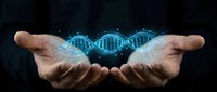 Human hands holding glowing blue DNA double helix structure with digital light effects against dark background for biotechnology and genetic research concepts.