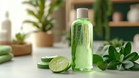 Green organic cosmetic bottle with lime slices and fresh leaves on light background, natural skincare product for spa wellness and beauty treatment.