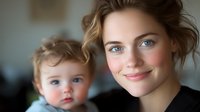 Young Caucasian woman with blue eyes and natural makeup smiling warmly next to adorable toddler with curly hair in soft natural window lighting, lifestyle portrait.
