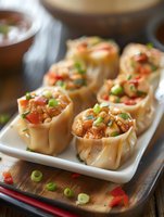 Crispy wonton cups filled with savory mixture of diced vegetables and herbs served as appetizers on white plate for party catering and entertaining guests.