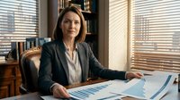 Professional businesswoman in suit reviewing financial charts and documents at office desk with warm sunlight through blinds.