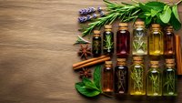 Essential oils in glass bottles with fresh herbs lavender rosemary mint and spices on wooden background for aromatherapy natural wellness and spa treatments.