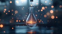 Glowing light bulb with magical sparkles floating inside against dark blue background with bokeh lights, creating mystical atmosphere and reflection.
