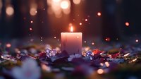 Single burning candle surrounded by autumn leaves and bokeh lights creating magical atmospheric mood in dark. Soft focus photography with glowing particles.