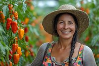 Smiling mature Hispanic woman farmer in straw hat harvesting colorful hot peppers in greenhouse garden. Organic farming and sustainable agriculture concept.
