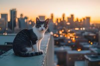 Gray and white cat sitting on urban rooftop edge against dramatic city skyline silhouette during golden sunset hour with glowing bokeh lights in background creating atmospheric scene.