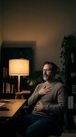 Middle-aged Caucasian man with beard and glasses sitting thoughtfully in cozy home office with warm lamp light, books and plants creating peaceful atmosphere.