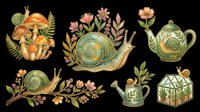 Vintage botanical garden elements with mushrooms, snails, teapot, watering can, and greenhouse isolated on transparent background. Ready for t-shirt designs, clipart, stickers, sublimation, and print-on-demand projects.