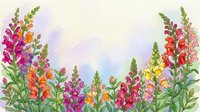 Watercolor snapdragon flowers in vibrant pink, orange, red, and yellow hues framing a soft pastel sky background, garden botanical art.