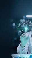 Scientist in white lab coat touching holographic DNA double helix with molecular structures and data visualization in modern laboratory setting.