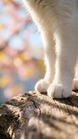 Close-up of white cat paws on wooden surface with soft bokeh background. Feline feet detail showing fur texture and claws for pet care concepts.