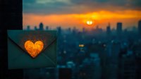 Romantic envelope with glowing heart against urban sunset cityscape backdrop. Silhouettes of skyscrapers and buildings create atmospheric evening scene.