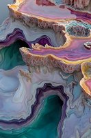 Colorful abstract fluid art with swirling patterns in purple, pink, teal and gold tones creating layered geological formations and organic flowing shapes.