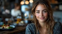 Young woman with wavy brown hair and natural makeup smiling warmly at camera in cozy restaurant setting with soft bokeh lights and rustic wooden table in background.
