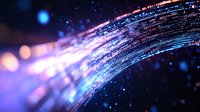 Glowing curved lines with particles and bokeh effects in blue and purple colors create futuristic technology background with motion blur and depth of field.