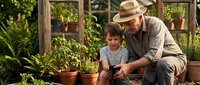 Grandfather and grandson gardening together in greenhouse, teaching child about plants and nature. Intergenerational bonding through sustainable agriculture.