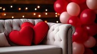 Romantic Valentine's Day setup with red heart pillows on elegant tufted sofa, pink and red balloons, warm string lights creating cozy atmosphere for love celebration.