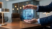 Businessman hands protecting glowing digital security lock icon in modern office environment representing cybersecurity and data protection concepts.