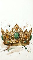 Watercolor golden royal crown with emerald and amber gemstones on textured paper background with paint splatters for luxury design projects.