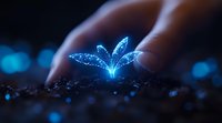 Magical glowing blue butterfly emerging from dark soil with gentle hands nurturing its growth, surrounded by bokeh lights creating mystical atmosphere.
