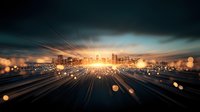Modern cityscape silhouette at sunset with light rays and bokeh effects creating dramatic urban atmosphere, digital art style composition for business concepts.
