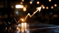 Glowing arrow graph trending upward on reflective surface with bokeh lights in dark background, representing business growth and financial success.