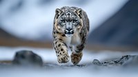 Snow leopard walking on snowy mountain terrain, focused predator gaze with intense blue eyes, majestic wild cat moving forward in natural winter habitat.