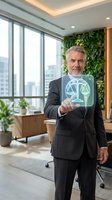 Mature Caucasian businessman in suit presenting holographic justice scales icon in modern office with green wall and city view for legal technology concepts.