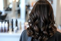 Luxurious dark brown hair styled in soft waves cascades down woman's back, photographed in salon setting with professional lighting and blurred background.