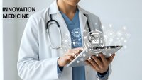 Healthcare professional using digital tablet with medical innovation technology interface displaying connected network icons and data visualization.