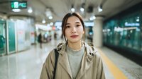 Young Asian woman in beige trench coat standing at modern subway station platform with blurred train and commuters in background during urban commute.
