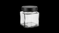 Square glass jar with black lid, isolated on transparent background. Ready for sticker, label mockup, T-shirt, print on demand, and sublimation design use.