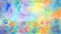 Watercolor rainbow gradient background with colorful paw prints and ornamental swirls, isolated on white. Perfect for pet-related designs, animal lovers, greeting cards, and children's projects.