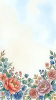 Watercolor floral border with roses, peonies, and berries on a soft pastel background, perfect for wedding invitations and greeting cards.